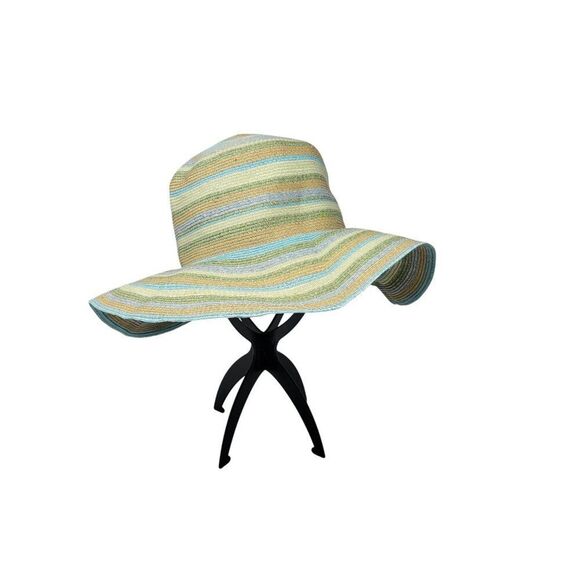 Flora Bella Pastel Floppy Wide Brim Straw‎ Beach Sun Hat Blue Green Striped - Picture 8 of 8